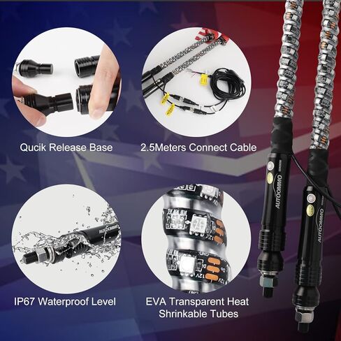 أضواء السوط - AUTOOMMO 2 قطعة 3FT حلزوني RGB LED مطاردة ضوء السوط مع أعلام جمجمة Gadsden الأمريكية عن بعد والتحكم في التطبيق 300 نمط فلاش لشاحنة UTV ATV على الطرق الوعرة، الرمال عربات التي تجرها الدواب الكثبان الرملية RZR Can-Am in Kuwait