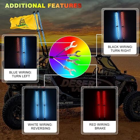 أضواء السوط - AUTOOMMO 2 قطعة 3FT حلزوني RGB LED مطاردة ضوء السوط مع أعلام جمجمة Gadsden الأمريكية عن بعد والتحكم في التطبيق 300 نمط فلاش لشاحنة UTV ATV على الطرق الوعرة، الرمال عربات التي تجرها الدواب الكثبان الرملية RZR Can-Am in Kuwait