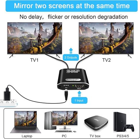 HDMI Splitter 1 in 2 Out for Dual Monitors, 4K HDMI Splitter Ver1.4 Supports 4K@30Hz 3D Full HD 1080P Compatible for PS4 PS3 Blu-Ray Player Fire Stick Roku HDTV (1 Source onto 2 Displays) in Saudi Arabia