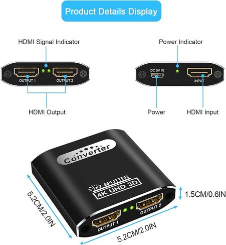 HDMI Splitter 1 in 2 Out for Dual Monitors, 4K HDMI Splitter Ver1.4 Supports 4K@30Hz 3D Full HD 1080P Compatible for PS4 PS3 Blu-Ray Player Fire Stick Roku HDTV (1 Source onto 2 Displays) in Saudi Arabia