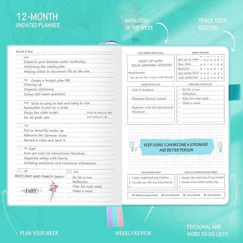 Undated Luxurious Weekly & Monthly Planner to Increase Productivity Hit Your Goals, Organizer Notebook Gratitude Journal Time Management Start Anytime, A5, Lasts 1 Year in Kuwait