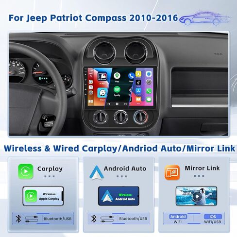 4+64G 8 Cores Android 13 Stereo for Jeep Compass Patriot Radio 2010-2016, 10.1 Inch HD Touchsceen with Wireless CarPlay Android Auto GPS WiFi Backup Camera Mirror Link BT Mic FM RDS in Kuwait