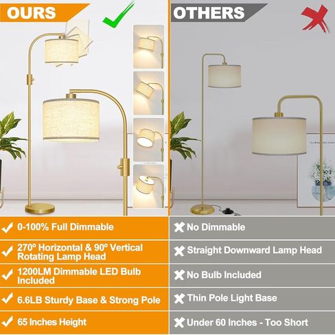 【Upgraded】 Dimmable Floor Lamp, 1200 Lumens LED Bulb Included, Gold Arc Floor Lamps for Living Room Modern Standing Lamp with Linen Shade, Tall Lamp for Living Room Bedroom Office Reading Room Nursery in Saudi Arabia
