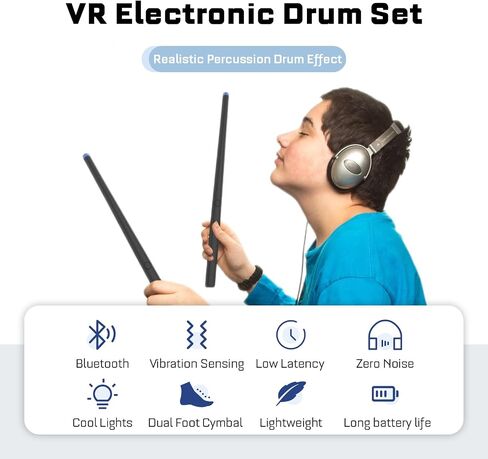 مجموعة طبول إلكترونية VR، أعواد طبلة هوائية، 1 كمين، 3 تومز، 1 تحطم، 1 ركوب، محول طاقة بطول 2 قدم، يدعم MIDI، لمحبي الأطفال والأصدقاء in Saudi Arabia