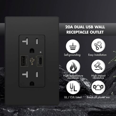 منفذ جداري لشاحن USB C بقدرة 4.8 أمبير، وعاء جداري مزدوج الارتفاع، وعاء مقاوم للعبث 20 أمبير، شحن سريع ذكي، مع شهادة UL، وليس للكمبيوتر المحمول (أسود 20 أمبير، عبوة واحدة) in Saudi Arabia