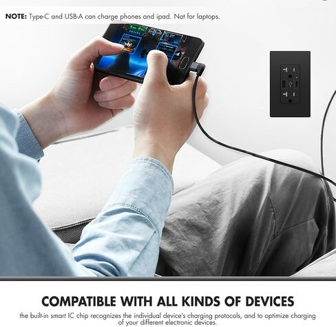 منفذ جداري لشاحن USB C بقدرة 4.8 أمبير، وعاء جداري مزدوج الارتفاع، وعاء مقاوم للعبث 20 أمبير، شحن سريع ذكي، مع شهادة UL، وليس للكمبيوتر المحمول (أسود 20 أمبير، عبوة واحدة) in Saudi Arabia