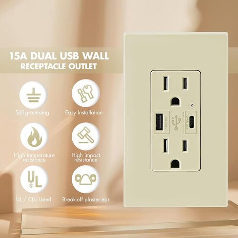 منفذ جداري لشاحن USB C بقدرة 4.8 أمبير، وعاء جداري مزدوج الارتفاع، وعاء مقاوم للعبث 20 أمبير، شحن سريع ذكي، مع شهادة UL، وليس للكمبيوتر المحمول (أسود 20 أمبير، عبوة واحدة) in Kuwait