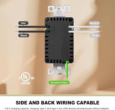 منفذ جداري لشاحن USB C بقدرة 4.8 أمبير، وعاء جداري مزدوج الارتفاع، وعاء مقاوم للعبث 20 أمبير، شحن سريع ذكي، مع شهادة UL، وليس للكمبيوتر المحمول (أسود 20 أمبير، عبوة واحدة) in Kuwait