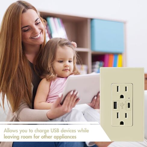 منفذ جداري لشاحن USB C بقدرة 4.8 أمبير، وعاء جداري مزدوج الارتفاع، وعاء مقاوم للعبث 20 أمبير، شحن سريع ذكي، مع شهادة UL، وليس للكمبيوتر المحمول (أسود 20 أمبير، عبوة واحدة) in Kuwait