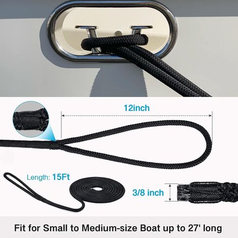 خطوط رصيف قارب كوهري، حبل سحب قارب 3/8 بوصة × 15 قدم، حبل رصيف قارب من النايلون المضفر المزدوج، خطوط رسو، خطوط رصيف للقوارب 3/8 مع فتحة 12 بوصة، 4 عبوات، أسود، ملحقات القوارب in Kuwait