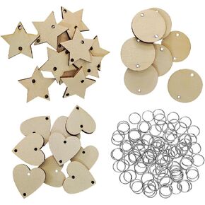 Wooden Heart Circle Star Tags Family Birthday Sign Tags Birthday Calendar Tags Craft Hanging Wood Slices Unfinished Wood Ornaments Pieces with 150 Pcs Rings