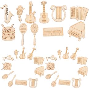 Tofficu 100pcs Clutout Musical الآلات الموسيقية: رقاقة خشبية لـ DIY غير المكتملة للقواطع الخشبية - Wood DIY Craft Craft - الحلي الملاحظة الموسيقية - الحلي الموسيقية - القطع المركزية الخشبية DIY