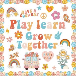 Boho Bulletin Board Decorations Groovy Retro Classroom Decor Borders Affirmation Station Bulletin Board Set Mindset Decoration Inspirational Accent Cutouts for School Craft Home Wall Supplies
