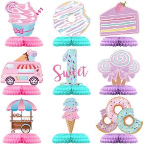 9 Pcs Donut Two Sweet Birthday Party Decorations Table Honeycomb Centerpieces Table Topper Doughnut Birthday Sign Decor Girls Theme Party Supplies for Baby Shower