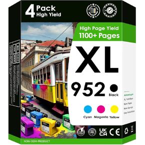 High Yield Compatible with HP 952 XL Printer Ink Cartridges. Works with Officejet Pro 8210 8216 8710 8715 8702 8210 7720 7740 8720 8730 Printes. 4 Pack (Black, Cyan, Magenta, Yellow)