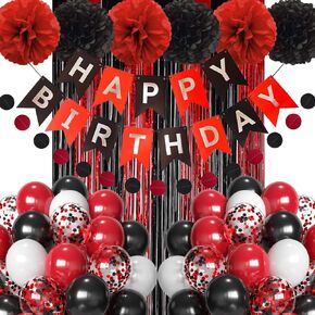 Black and Red Happy Birthday Decorations for Men Women Boys Girls, Black and Red Party Supplies with Banner,Pom Poms,Foil Curtain for Him Her 13th 16th 18th 20th 21st 25th 30th 40th 50th 60th