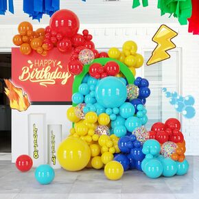 142Pcs Primary Color Balloon Kit for Circus & Carnival Themes, Superhero Birthdays for Kids and DIY Party Decorations: Red, Blue, Yellow, Orange Latex with Confetti Balloon