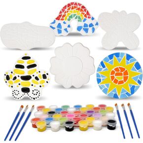 Gift Boutique Paint Your Own Ceramic Stepping Stones Craft Kit Set of 6 Unpainted Ceramics for Kids Garden Decor Summer Spring Arts & Crafts Painting Project Supplies Paint & Brushes Included