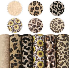 Leopard Sunflower Printed Faux Leather Sheet Mixed Synthetic Leather Sheets Assorted 6pcs 7.7" x 12.9" (20 cm x 33 cm) for Earrings Hair Bows Making (Assorted)