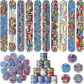 Outus 60 Pcs International World Flags Party Favors: 30 Slap Bracelets, 30 Button Pins, Around the World Supplies & Prizes