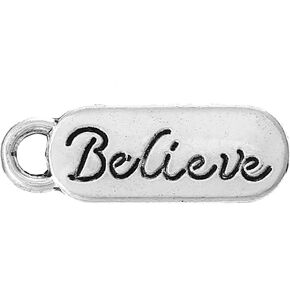 PEPPERLONELY 100pc Antiqued Silver Alloy Message Believe Rectangle Charms Pendants 20x7mm (6/8" x1/4")