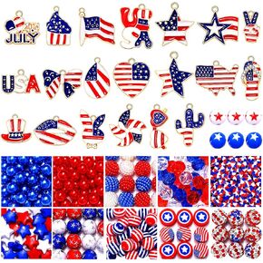 480PCS+ Patriotic Beads Charms for Jewelry Making Enamel 4th of July American Flag Star Charms Independence Day Loose Beads for DIY Necklace Earring Bracelet Making Holiday Decorations