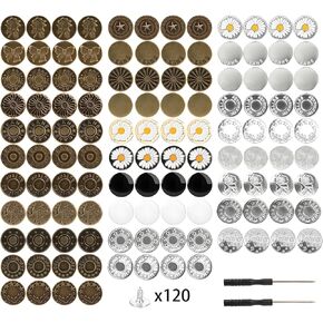 122 Sets Buttons for Jeans, No Sew Adjustable Buttons Pins for Pants, Metal Jean Buttons Replacement Repair Combo Thread Rivets and Screwdriver