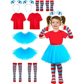 2 Set Blue Tutu Costume, Girls Blue Cosplay Outfit, Shirts Tutu Skirt Headband Striped Gloves Socks Dress Up for Girls