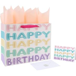 13" Large Colorful Happy Birthday Gift Bag Set with Handles, Greeting Card, Tissue Papers and Stickers for Women Girls, Words Design, 1 Pcs