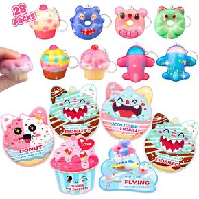 28 Packs Valentine's Day Gifts for Kids,Monster Dessert Airplane Squishy Toys with Cards,Classroom Exchange Prizes and Valentines Party Favors,Keychain Valentines for Boys and Girls Over 3 years old