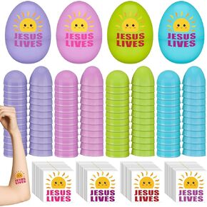 48 Pcs Religious Easter Eggs with 48 pcs Jesus Lives Tattoo Stickers Fillable Plastic Christian Easter Eggs for Basket Filling Easter Egg Hunt Sunday School Rewards Church Events 4 Colors