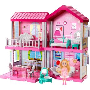 TEMI Villa Toys for 3 4 5 6 7 8 Years Old Girls - 2 Storeys 4 Rooms, Indoor Playset with 2 Dolls Toy Figures, Toys Furniture and Accessories, Pretend Girls Plays, Building Toys, Gifts Toy