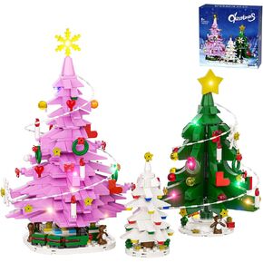 Pink Christmas Tree Building Set, Christmas Tree Building Toy with LED Lights, Compatible with Lego, Xmas Holiday Decoration Gift with Train and Snowflake for Kids and Adults, New in 2024 (734 pcs)