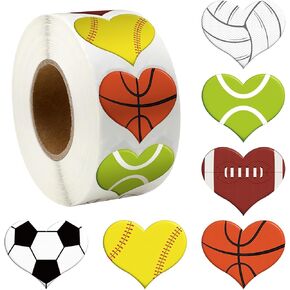 1000 Pcs Valentine‘s Day Stickers for Kids Heart Stickers Basketball Football Baseball Soccer Decal Valentines Day Gifts for Kids Sports Themed Party Decorations