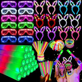 236 PCS Glow in the Dark Party Supplies Light Up Party Favors,12 Pcs Foam Glow Sticks, 12 Pcs LED Glasses, 200 Pcs Glow Sticks Bracrelets and 12 Pcs Bunny Ear Headband Neon Birthday Party Decorations