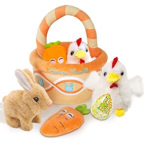 digi Easter Basket Stuffers for Toddler, 5Pcs Easter Basket Plush Playset with Easter Egg, Carrot, Interactive Rabbit and Sheep for Party Favors, Easter Decorations, Easter Gifts for Kids