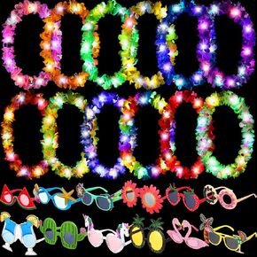 SHERR 24 PCS COLOTULL LED HAWAIIAN Party Supplies 12 Light Up Hawaiian Luau Leis و 12 نظارة شمسية الحفلات الاستوائية الصيفية لصالح الشاطئ