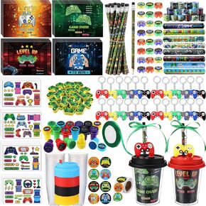 218 Pcs Video Game Party Favors Set Includes Drink Cup with Lid Game Card Pencil Sharpener Eraser Stickers Slap Bracelet Keychain Stamp Sticker Ribbon for Gamer Birthday Party