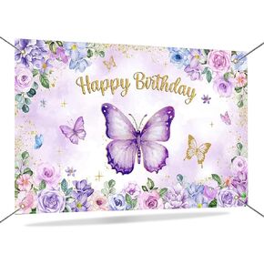 Mocsicka Butterfly Birthday Banner Purple Butterfly Birthday Backdrop for Party Girls Purple Pink Floral Gold Glitter Butterfly Birthday Decorations Banner Background 70.8 x 43.3 Inch