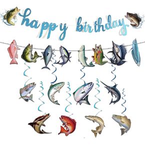 Fishing Birthday Party Decorations Fishing Happy Birthday Banner Hanging Swirl Fish Theme Garland Fishing Party Supplies