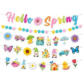 Hello Spring Decorations, Pre-assembled Colorful Glitter 1pcs Hello Spring Banner and 4pcs Spring Garlands, Spring Hanging Decorations for Easter Spring Office Home Wall Party Decorations