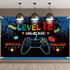 Video Game Birthday Decorations 8 9 10 11 12 13 14th Birthday Decorations for Boys Gaming Theme Photo Props Backdrop Banner Teenager Birthday Decoration (Level 12)