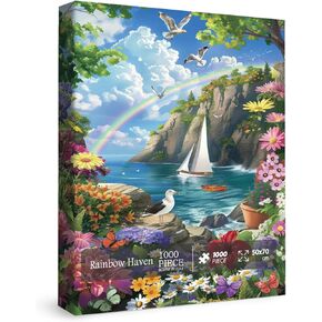Beach Ocean Puzzles for Adults 1000 Pieces Nature, Summer Hawaii Landscape Scenic Jigsaw Puzzles, Bird Plant Flower Sailboat Rainbow Puzzle