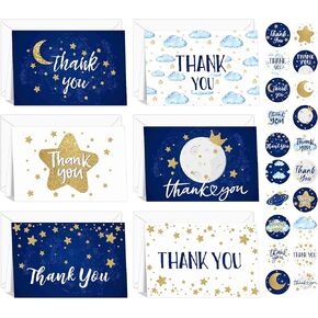 Tenare 24 Set Thank You Cards with Envelopes and Stickers,gold Blue Stars Thanks Stickers and Blank Greeting Cards for Baby Shower Birthday Weddings Graduations Party Supplies