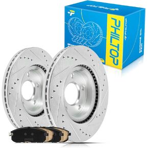 PHILTOP 10.9 inch(277.9 mm) Front Drilled and Slotted Disc Brake Rotors + Ceramic Pads Kit Compatible with 3, 6-PC Set