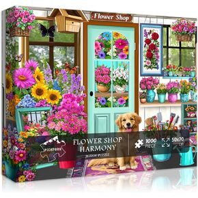PICKFORU Flower Puzzle for Adults 1000 Pieces, Nature Flower Shop Plant Puzzle Cabin, Colorful Spring Puzzle Garden, Floral Dog Jigsaw Puzzle