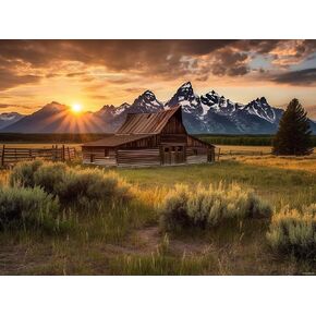 PUAGEMTI Grand Teton National Park Sunset Moulton Barn Landscape Wyoming Nature Mountains Scenery 5D Adult Diamond Art, DIY Diamond Art Painting Kit for Decor Canvas 12x16 Inch