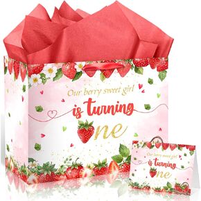 Strawberry 1st Birthday Gift Bag Berry Birthday Decorations Large Sweet One Birthday Wrapping Bag with Tissue Paper and Greeting Card for Baby Girl Christmas Xmas Baby Shower Party Favors Supplies