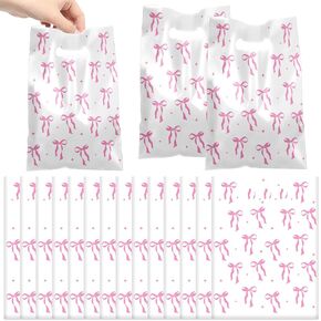YYMYMGJ 50 PCS Pink Bow Party Gift Bags Coquette Bow Party Favors Bags Waterproof Plastic Goodie Bags for Pink Coquette Bow Birthday Party Decorations Supplies for Kids Girls Women