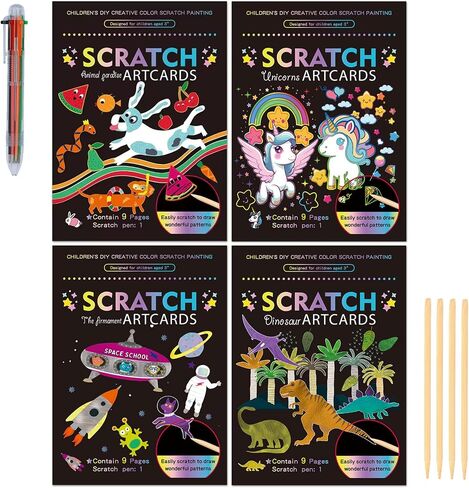 SuyuanArt Dinosaur Animal Unicorn Space Scratch Art Cards and Black Rainbow Scratch Art Paper Set,with Scratching Wooden Sticks,Scratch Off Picture for Boys Girls Birthday Party Favors in Saudi Arabia